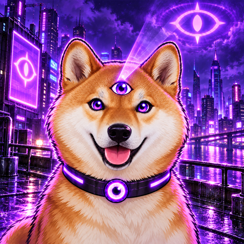 Argus Inu watching over a neon violet city at night