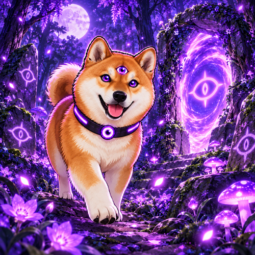Argus Inu walking a glowing violet forest toward a mystic eye portal