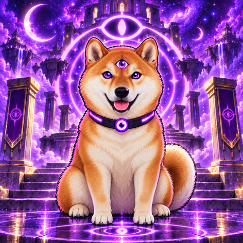 Argus Inu seated before a celestial temple and glowing third-eye sigil